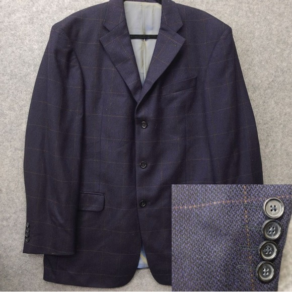 Barleycorn Tweed Sport Coat Mens 42L Navy Blue Windowpane Wool Custom Jacket M‎